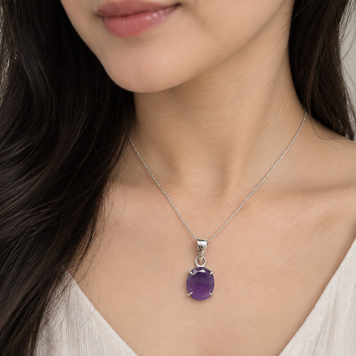 Amethyst Necklace Oval Purple Cabochon Style Stone In Prong Setting