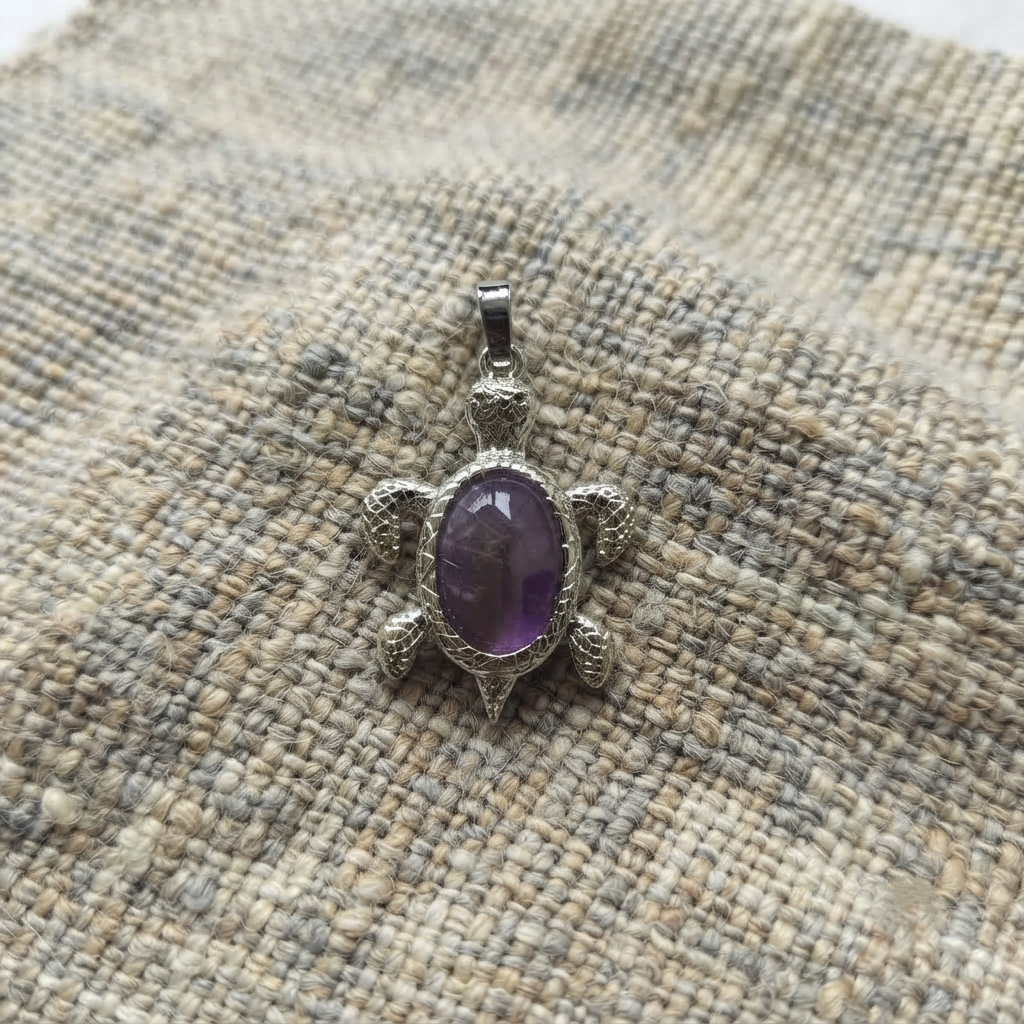 Turtle Pendant Necklace With Purple Amethyst Stone And Silver-Tone Bail