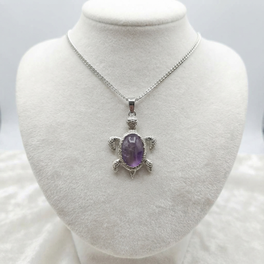 Amethyst Pendant Necklace Featuring A Turtle-Shaped Metal Design