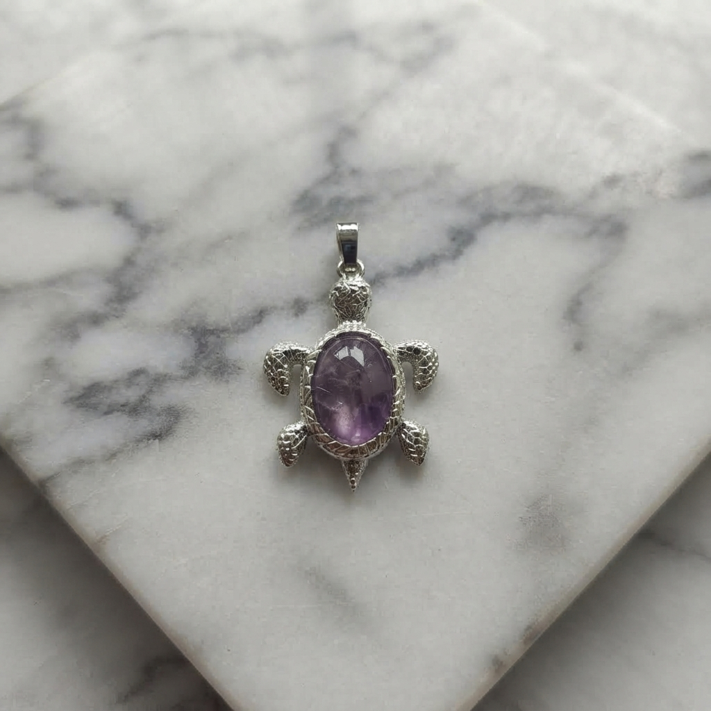 Amethyst Turtle Pendant With Oval Purple Center Stone And Turtle-Shaped Design