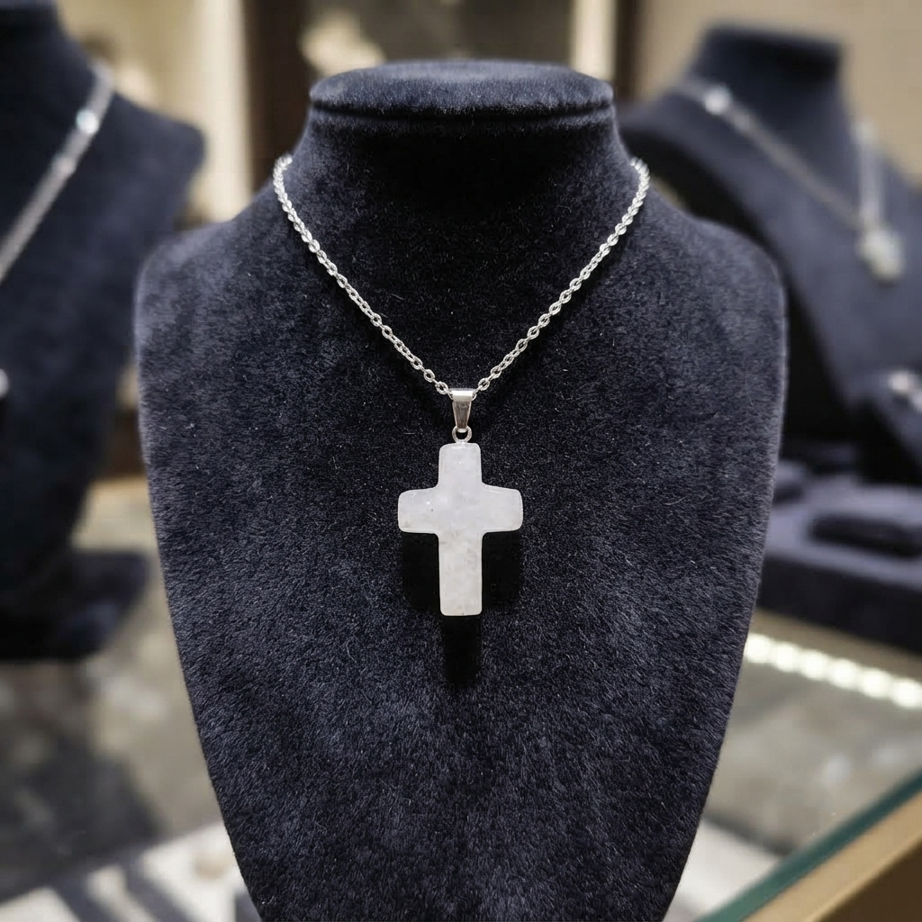 Christian cross jewelry with a clear quartz pendant and silver-tone bail