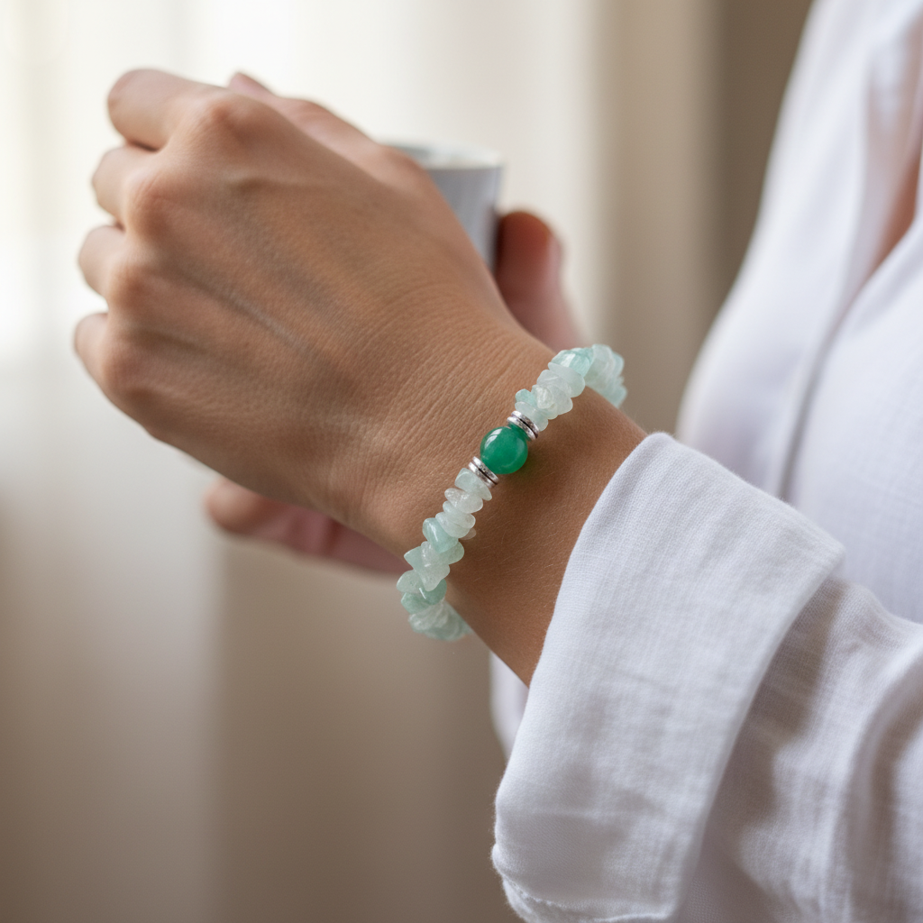 Close-Up of Green Aventurine Gemstone Bracelet with Pale Green Crystal Chips and Polished Center Bead Worn on Wrist | OneTrend Jewelry