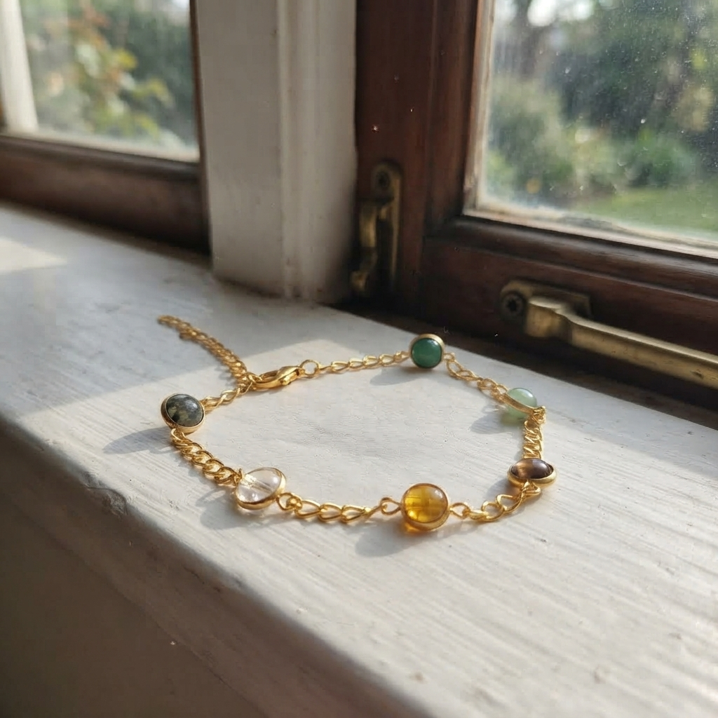 Gold Tone Bracelet With Green Brown Clear And Yellow Beads