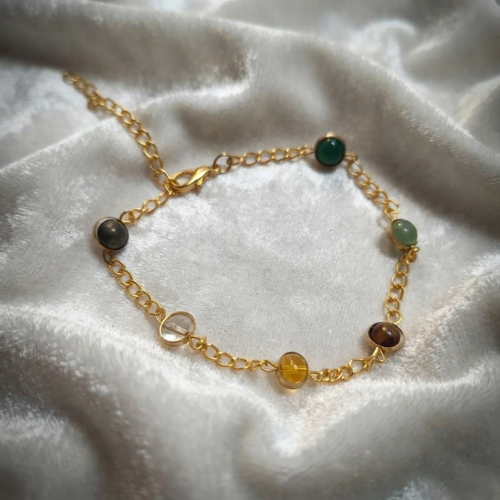 Gold Tone Bracelet Chain Link Design With Round Bezel-Set Beads
