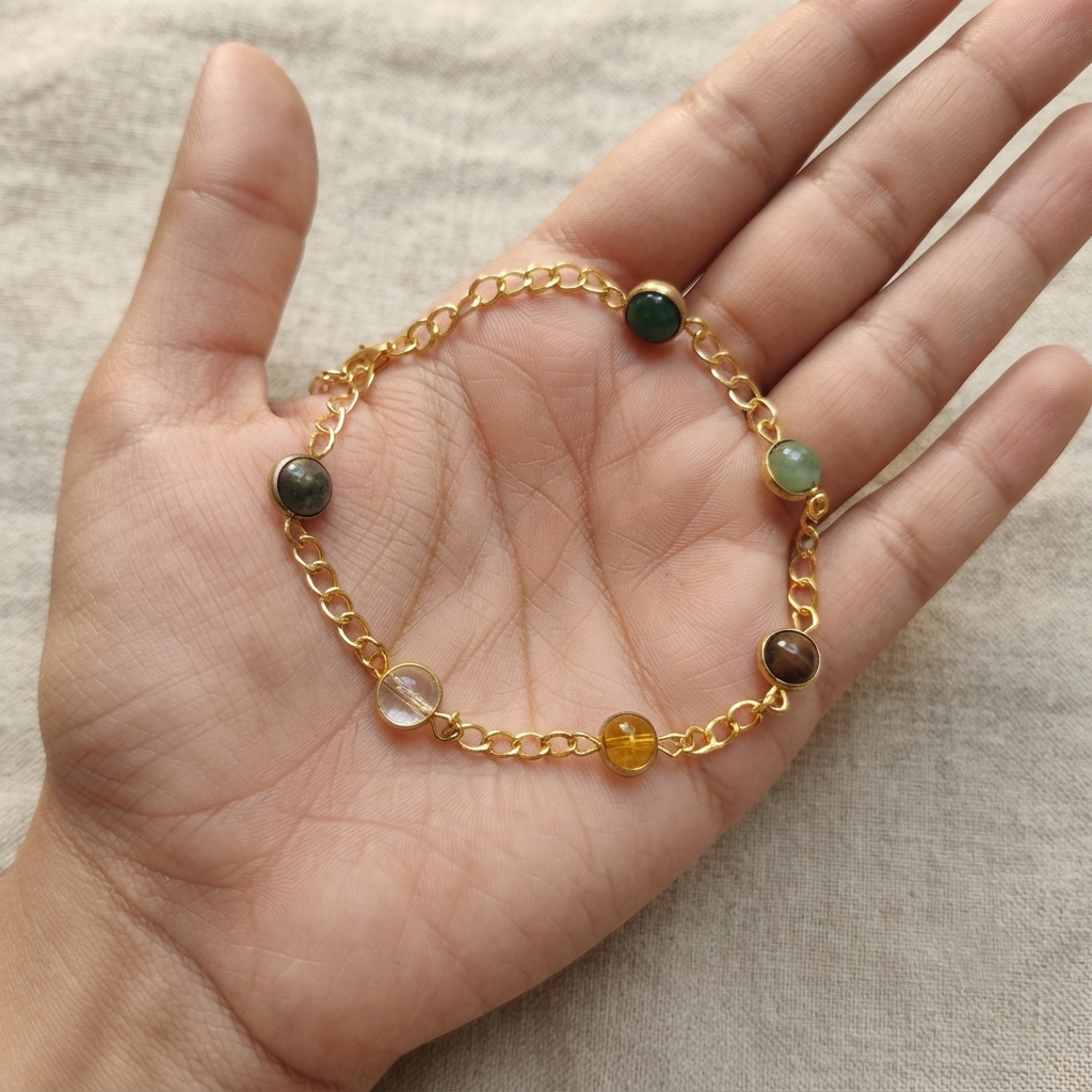 Gold Tone Bracelet With Multicolor Round Stone Beads Close Up