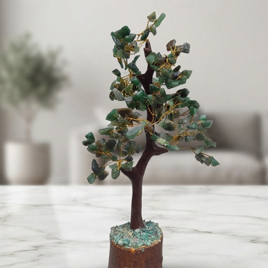 Green Jade Gemstone Tree Close View Of Green Stones On Wire Branches