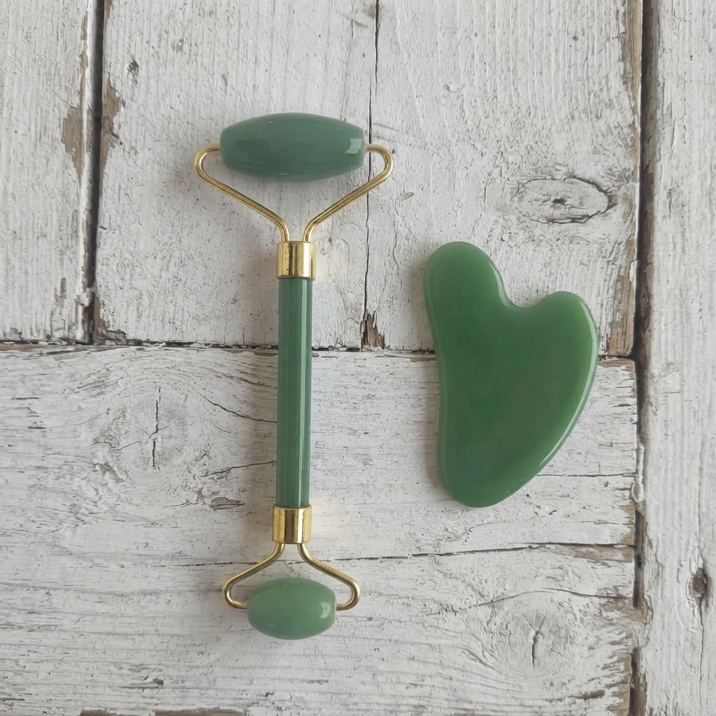 Jade Roller And Gua Sha Set With Large And Small Green Roller Stones