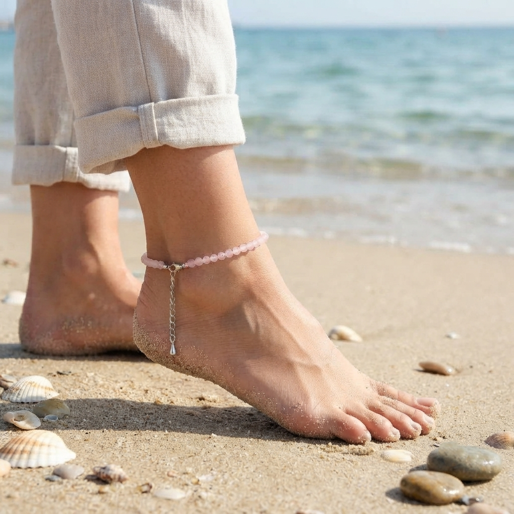 Rose Quartz Anklet Dainty Pink Beaded Ankle Bracelet On Foot