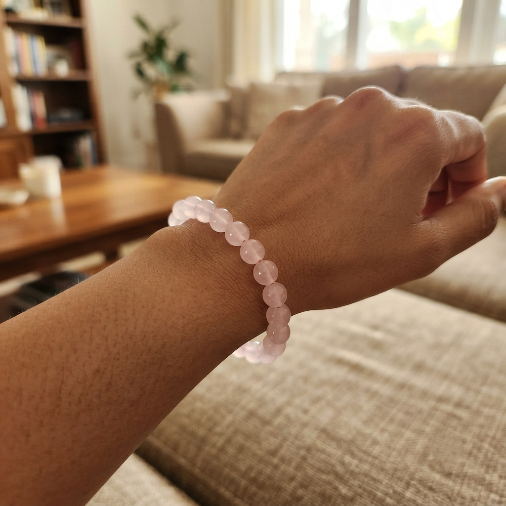 Rose Quartz Bracelet Worn On Wrist With Polished Round Beads