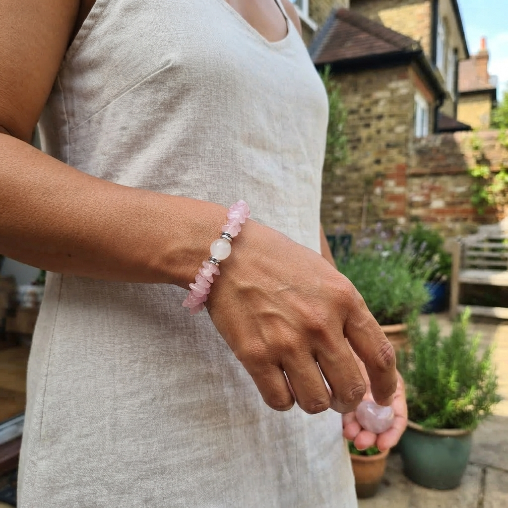 Rose Quartz Chips Bracelet Showing Tumbled Chip Beads