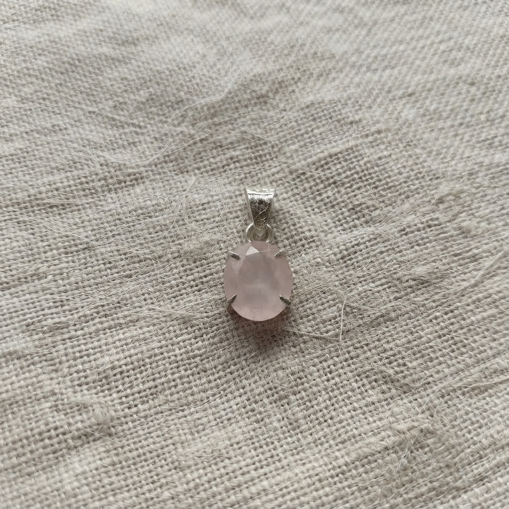 Rose Quartz Pendant Minimal Necklace Look With Prong Set Oval Stone