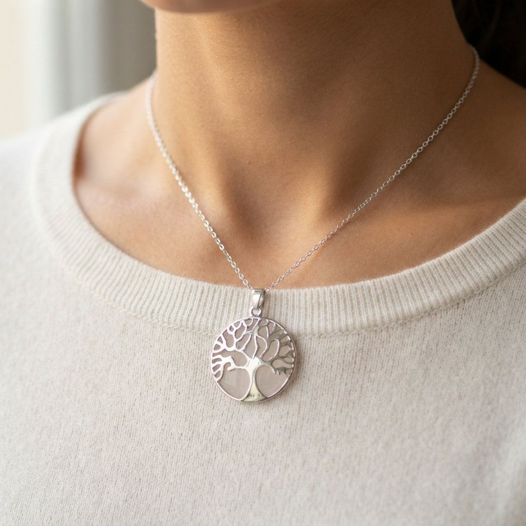 Tree Of Life pendant necklace featuring Rose Quartz and a silver-tone finish appearanceTree Of Life pendant necklace featuring Rose Quartz and a silver-tone finish appearance
