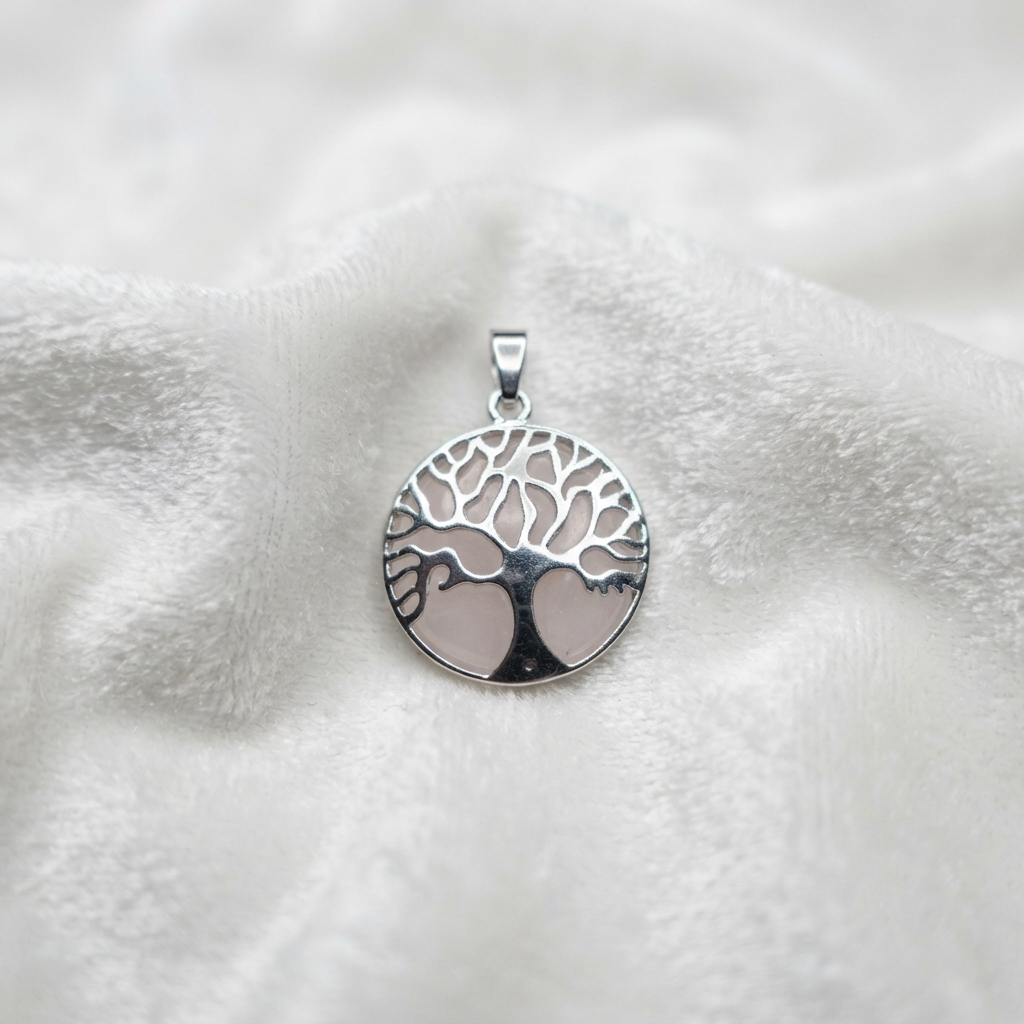 Round Tree Of Life pendant necklace featuring Rose Quartz and a silver-tone appearance
