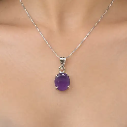 Amethyst Necklace Worn On Neck With Oval Purple Stone Pendant
