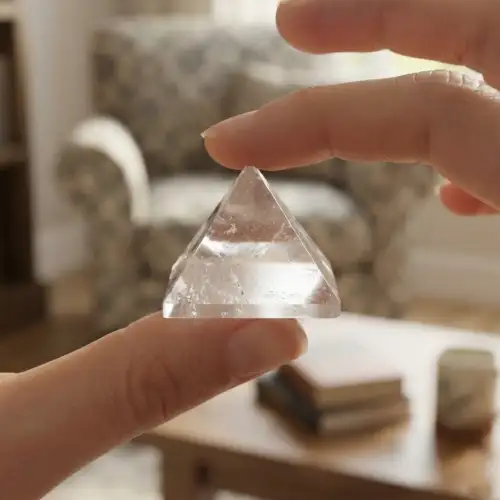 Clear Quartz Pyramid Held Between Fingers Showing Transparent Pyramid Shape