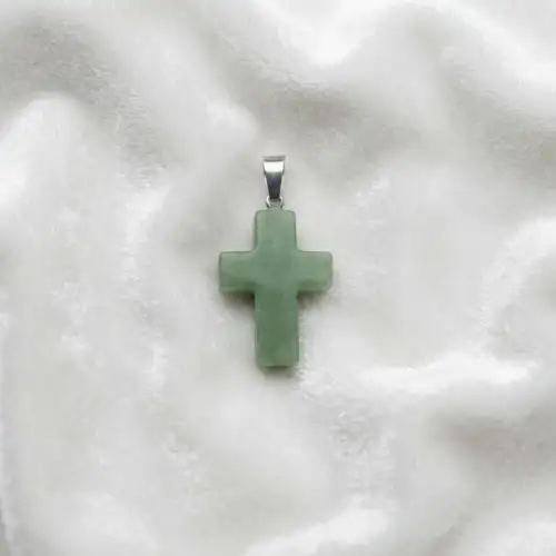 Green Aventurine cross pendant necklace worn on a person with a silver-tone chain - 2nd View