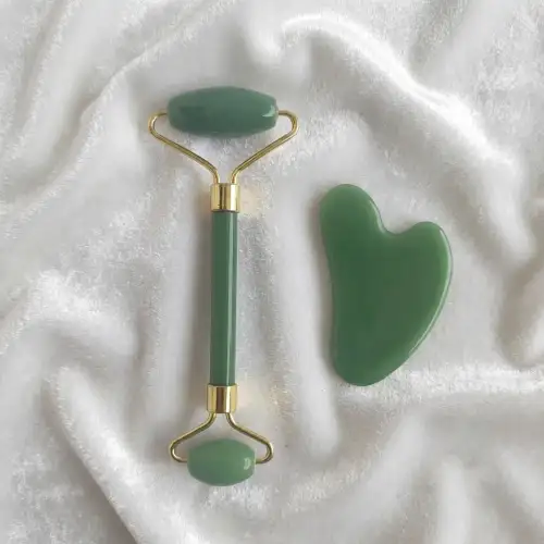 Jade Roller And Gua Sha Set With Green Stone Roller And Matching Gua Sha Tool